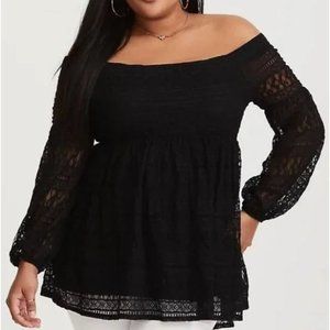 Like NEW TORRID Black Lace Off Shoulder Top Size 1XL / 14-16